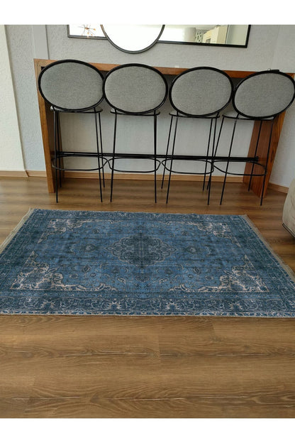 Halı Vagonu Serisi Lacivert Eskitme Antika Desen Kaymaz Taban Şönil Halı