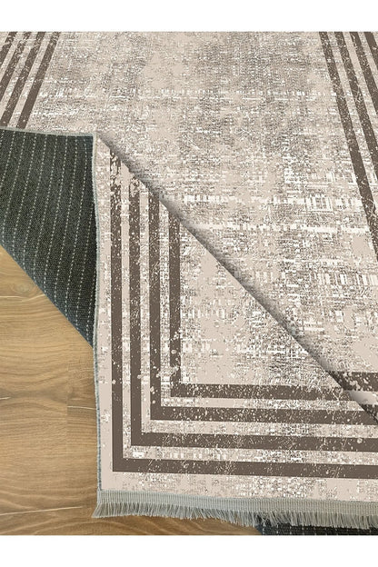 Halı Vagonu Serisi Kahve Tonlarında Çizgili Etnik Desen Kaymaz Taban Şönil Halı