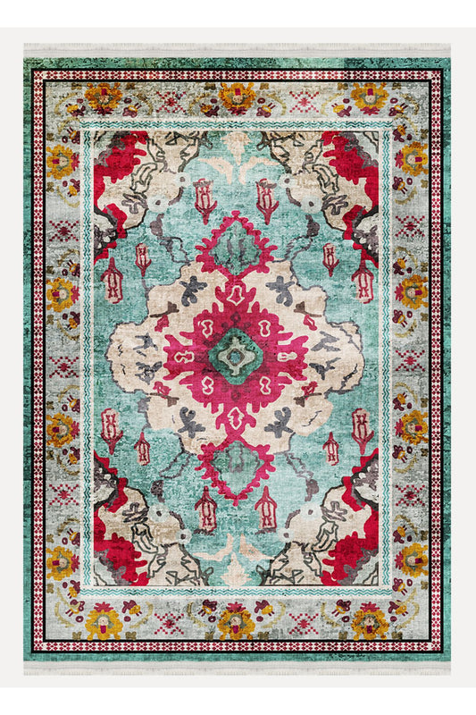 Halı VagonuTurkuaz ve Kırmızı Desenli Vintage Halı - Geleneksel ve Modern Tarz 2142