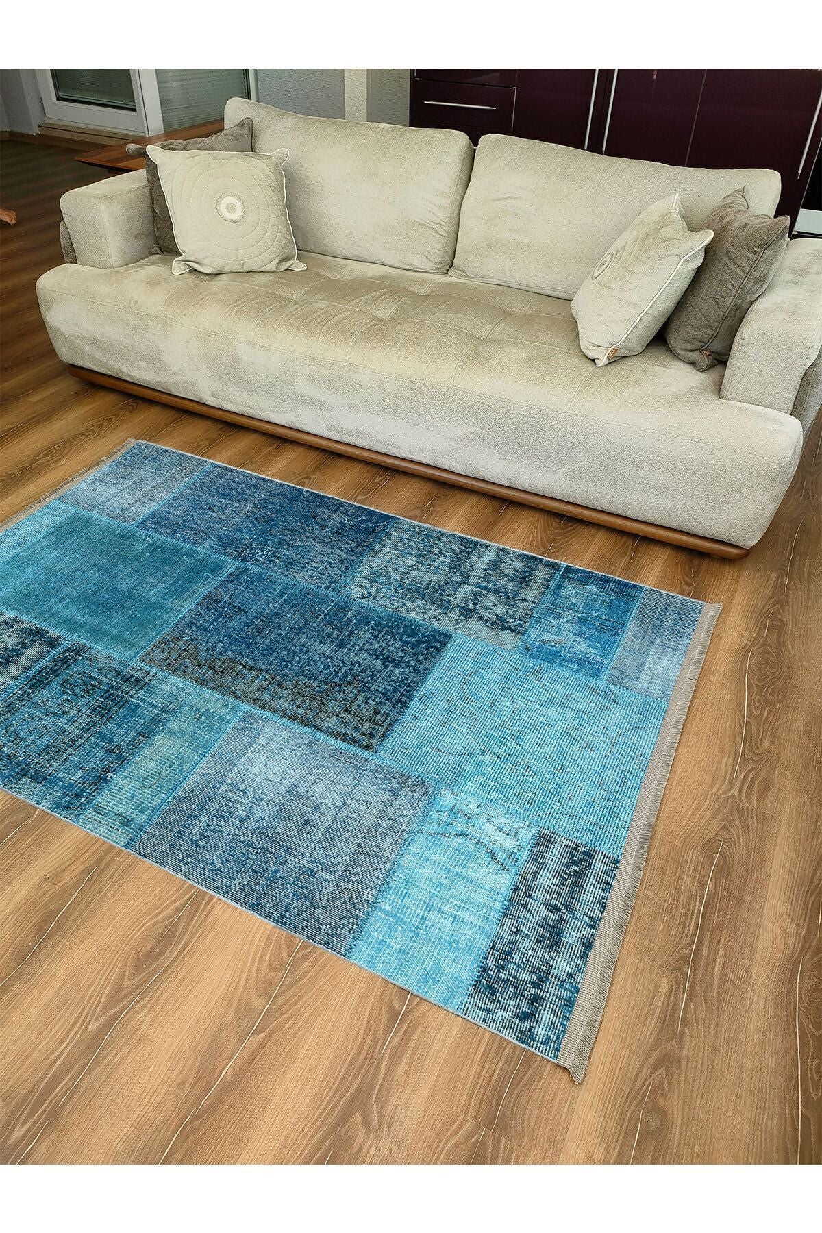 Halı Vagonu Halı 2090 Mavi Tonunda Dekoratif Halı Salon Halısı Saçaklı Yıkanabilen Halı