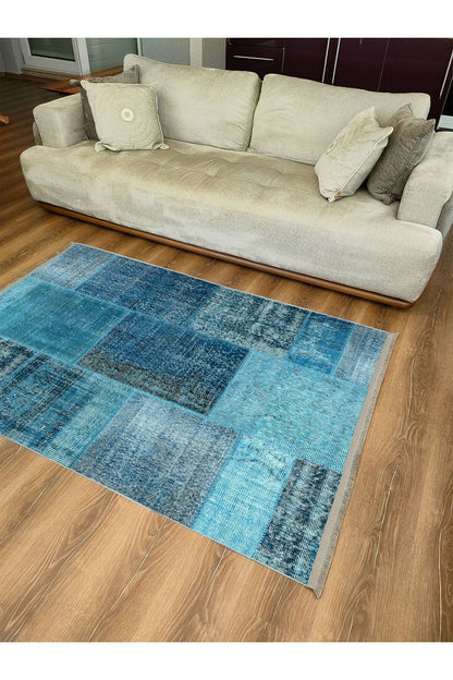 Halı Vagonu Halı 2090 Mavi Tonunda Dekoratif Halı Salon Halısı Saçaklı Yıkanabilen Halı