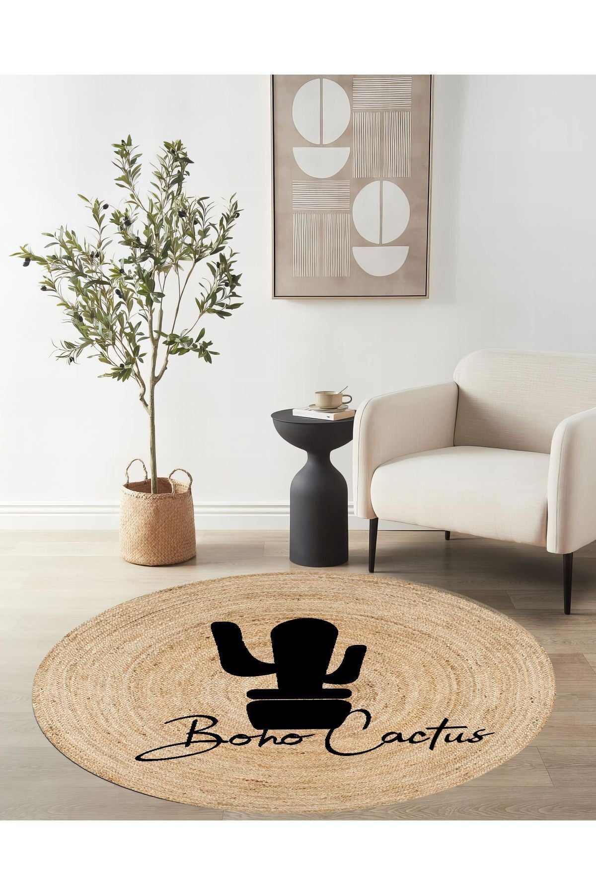 Boho 903 Doğa Ve Botanik Kaktüs Desenli Etnik Örgü Yuvarlak Natural Renk Çift Taraflı Halı, sürtünme dayanıklılığı ile ön plana çıkıyor.