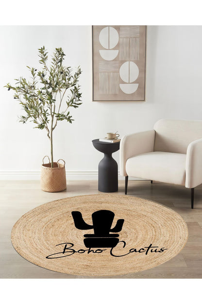 Boho 903 Doğa Ve Botanik Kaktüs Desenli Etnik Örgü Yuvarlak Natural Renk Çift Taraflı Halı, sürtünme dayanıklılığı ile ön plana çıkıyor.