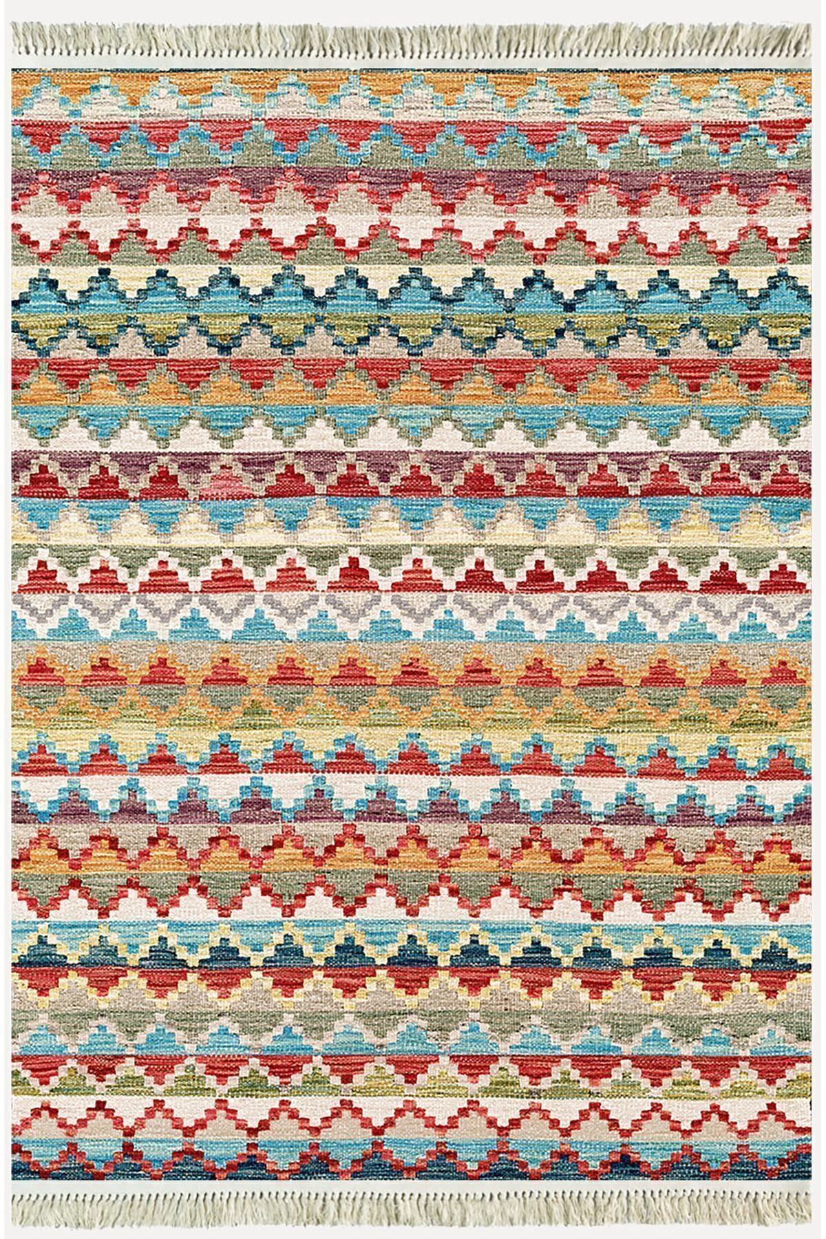 Cotton Serisi Multy Tonlarında Baklava Antika Desenli Dekoratif Dokuma Taban Kilim