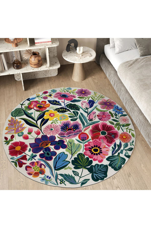 Halı Vagonu 202 Beyaz Renkli Çiçekli Yuvarlak Dokuma Taban Salon Halısı