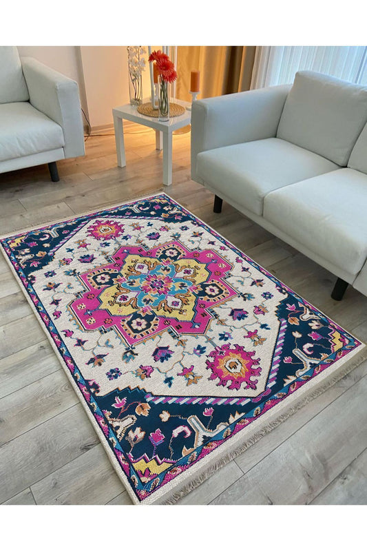 Halı Vagonu 89 Etnik Desenli Yıkanabilir Kaymaz Tabanlı Salon Halısı, Koridor Ve Mutfak Halısı