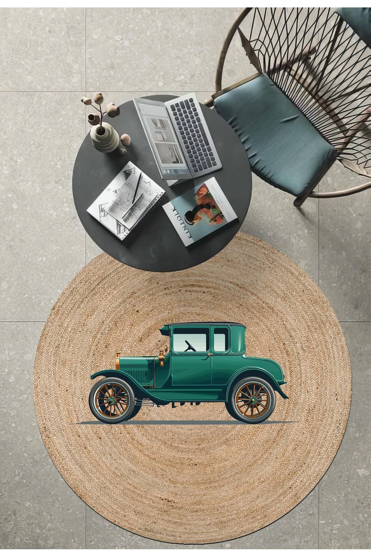 Boho 961 Eski Vintage Araba Figürlü Örgü Yuvarlak Natural Çift Taraflı Halı