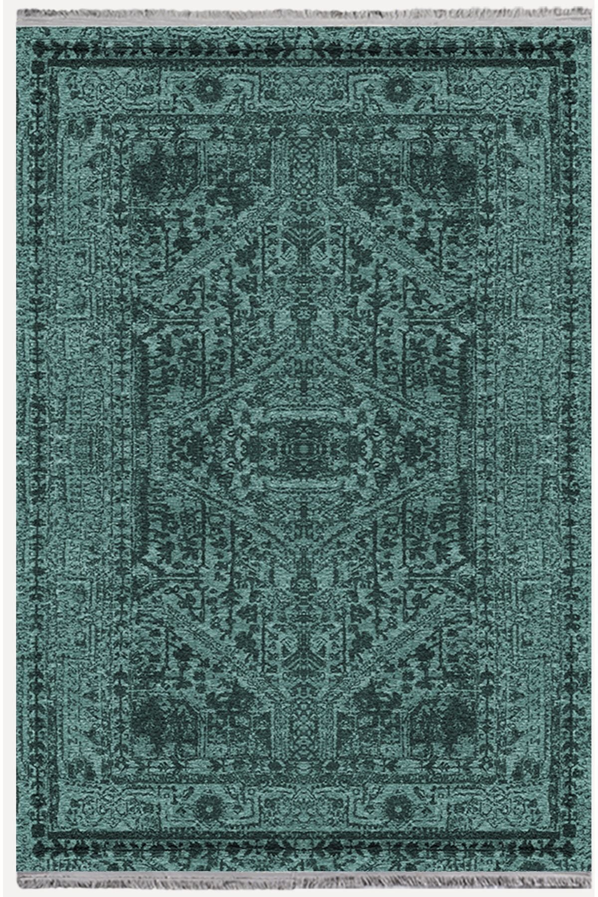 Halı Vagonu 2079 Yeşil Tonunda Dekoratif Halı Salon Halısı Saçaklı Yıkanabilen Halı