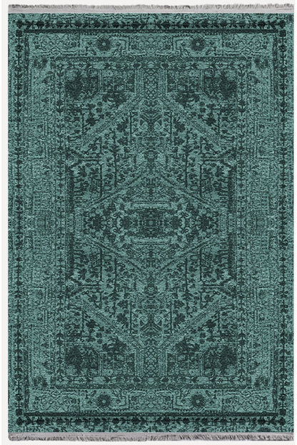 Halı Vagonu 2079 Yeşil Tonunda Dekoratif Halı Salon Halısı Saçaklı Yıkanabilen Halı