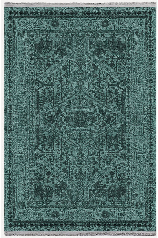 Halı Vagonu 2079 Yeşil Tonunda Dekoratif Halı Salon Halısı Saçaklı Yıkanabilen Halı