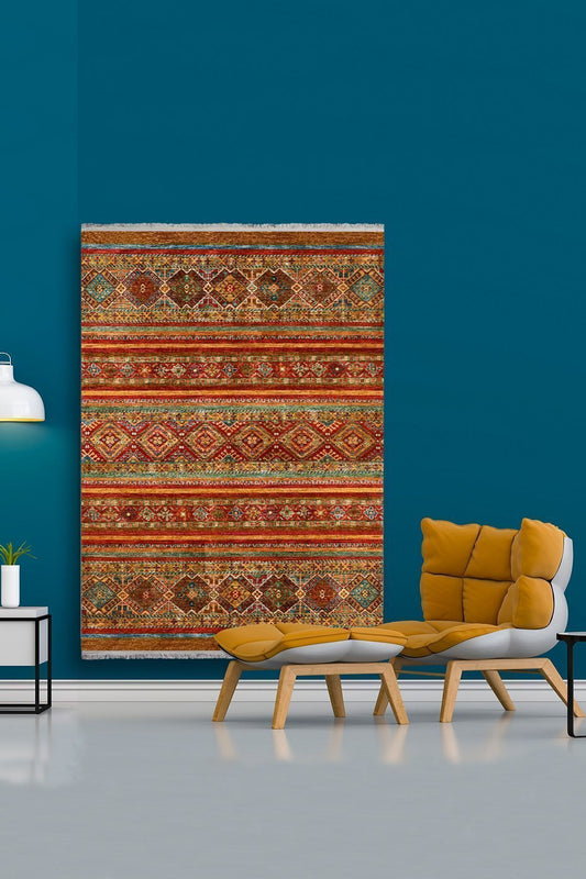 Halı Vagonu 2034 Klasik Eskitme Görünümlü Çizgili Desen Kaymaz Taban Dekoratif Halı