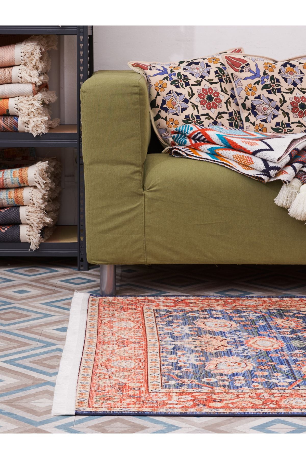 Halı Vagonu 2030 Pastel Lacivert Kiremit Çiçekli Retro Bohem Dokuma Taban Salon Halısı Mutfak Halısı