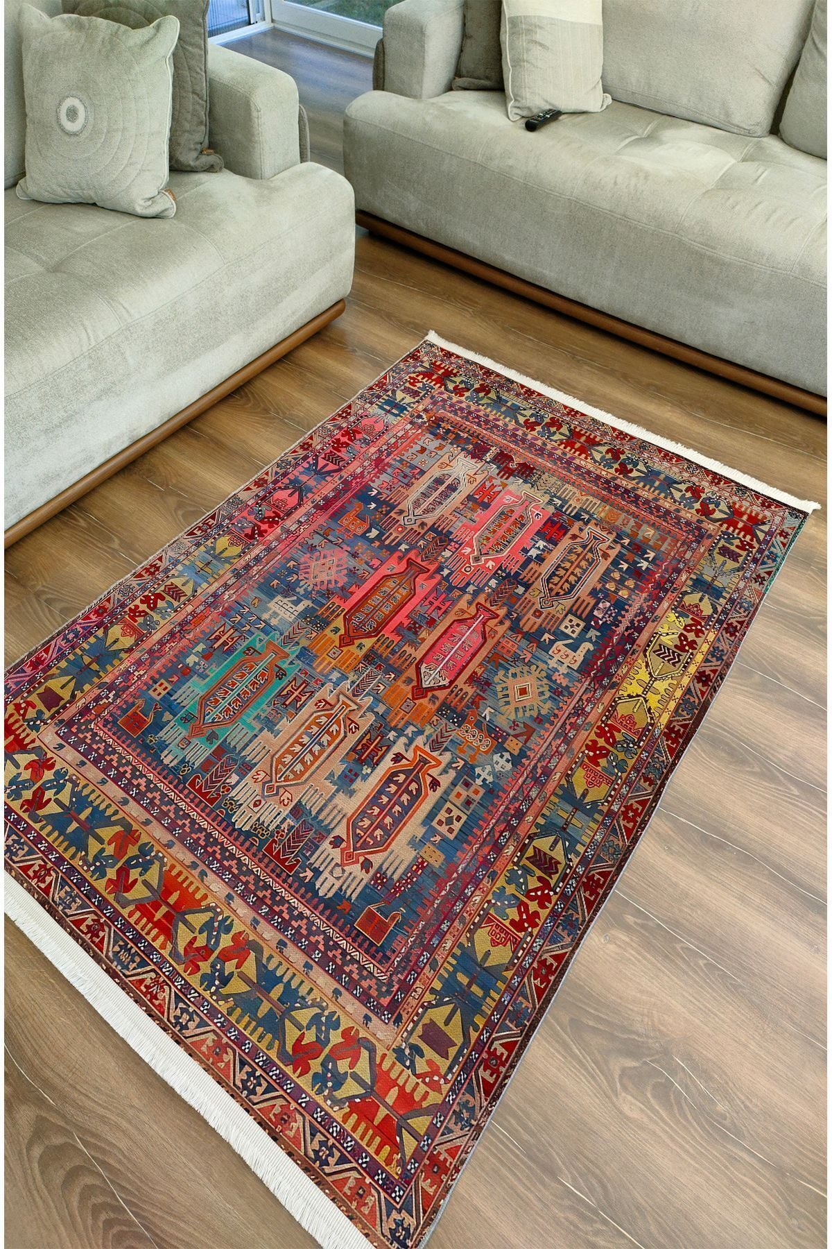 Halı Vagonu73 Fuşya Tonlarında Klasik Salon Halısı Saçaklı Yıkanabilen Dekoratif Halı