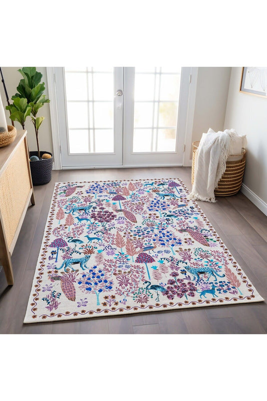 Halı Vagonu 189 Pembe Fuşya Bej Botanik Tema Modern Dokuma Taban Halı