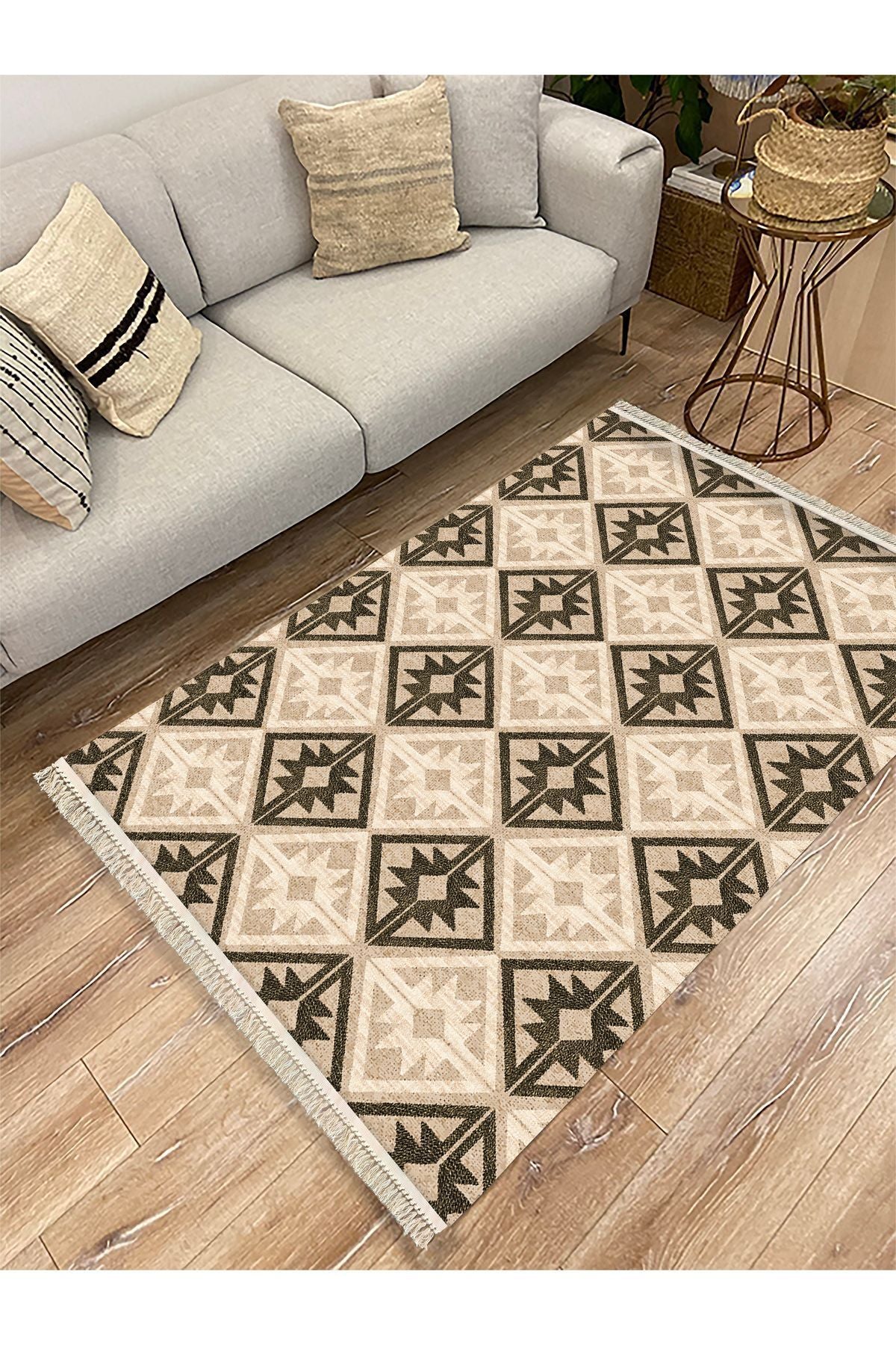 Cotton Kilim48 Jut Zeminli Geneleksel Motifler Modern Dekoratif Yıkanabilen Dokuma Kilim
