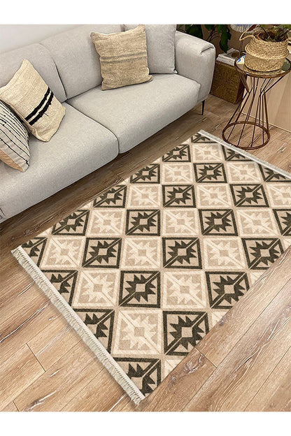 Cotton Kilim48 Jut Zeminli Geneleksel Motifler Modern Dekoratif Yıkanabilen Dokuma Kilim