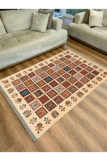 Halı Vagonu 2085 Bej Tonlarında Otantik Desen Kaymaz Taban Dekoratif Halı