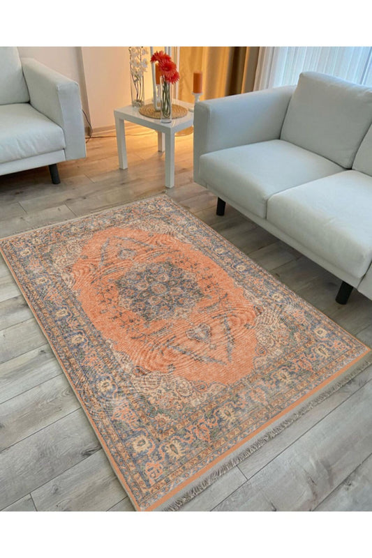 Halı Vagonu 2032 Kahve Ve Turuncu Tonlarında Bordürlü Geometrik Desen Kaymaz Taban Dekoratif Halı