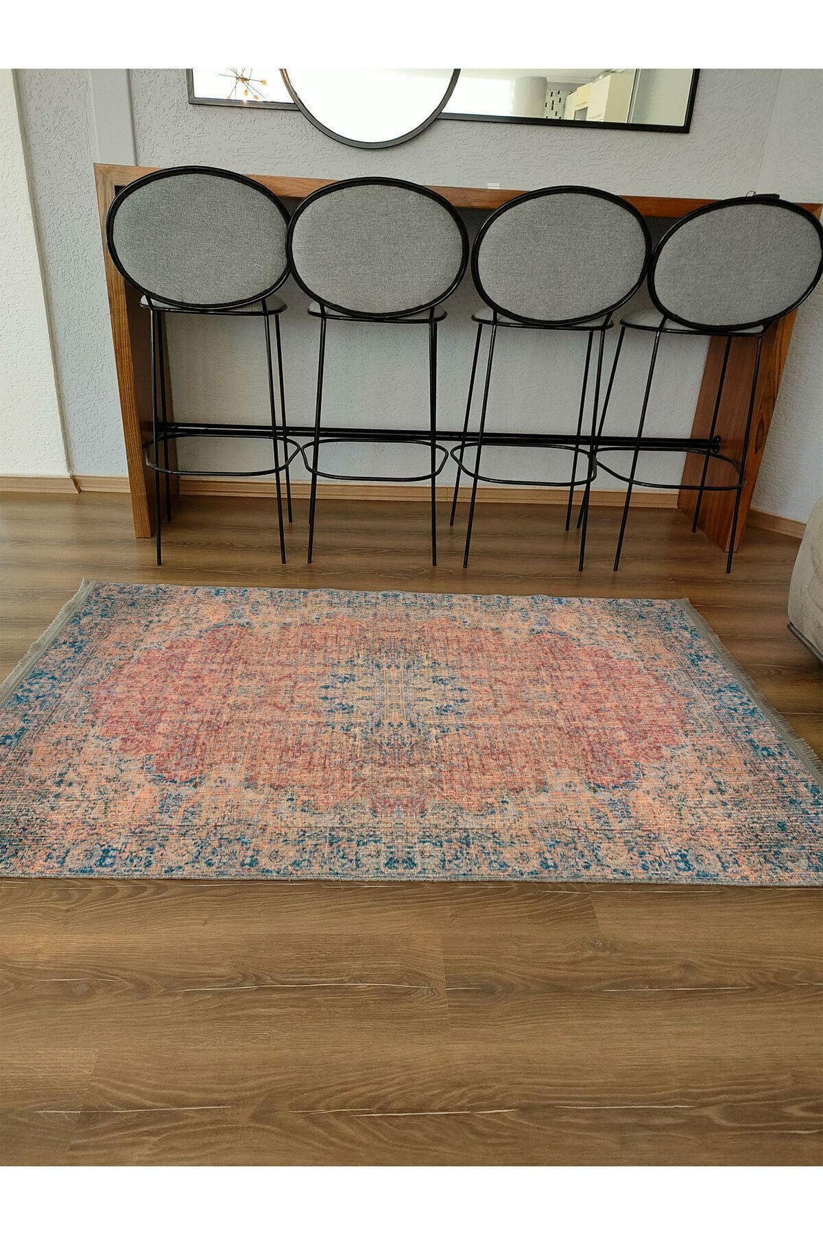 Halı Vagonu Serisi Mavi Ve Kahve Tonlarında Eskitme Otantik Desen Kaymaz Taban Şönil Halı