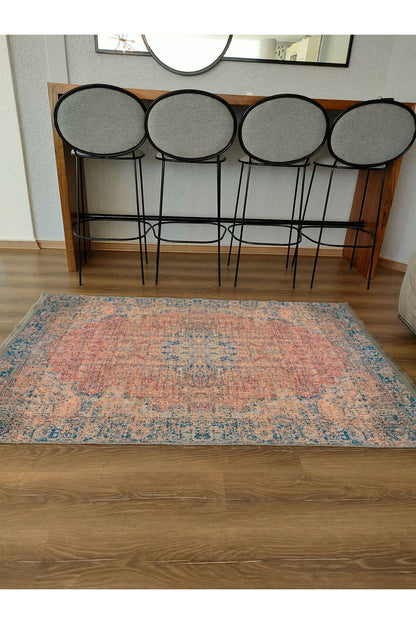 Halı Vagonu Serisi Mavi Ve Kahve Tonlarında Eskitme Otantik Desen Kaymaz Taban Şönil Halı