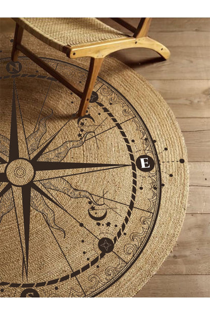Boho 942 Pusula Tema Etnik Örgü Yuvarlak Natural Renk Çift Taraflı Halı