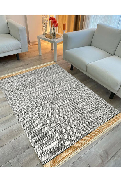 Cotton Serisi Hardal Gri Tonlarında Örgü Görümlü Otantik Dekoratif Dokuma Taban Kilim