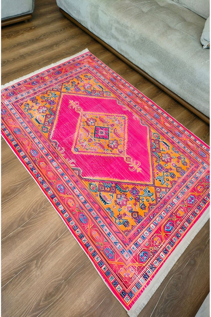 Halı Vagonu 75 Fuşya Tonlarında Klasik Dekoratif Halı Saçaklı Yıkanabilen Halı