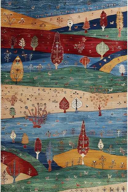 Halı Vagonu 77 Renklı Manzara Temalı Dekoratif Salon Halısı Saçaklı Yıkanabilen Halı