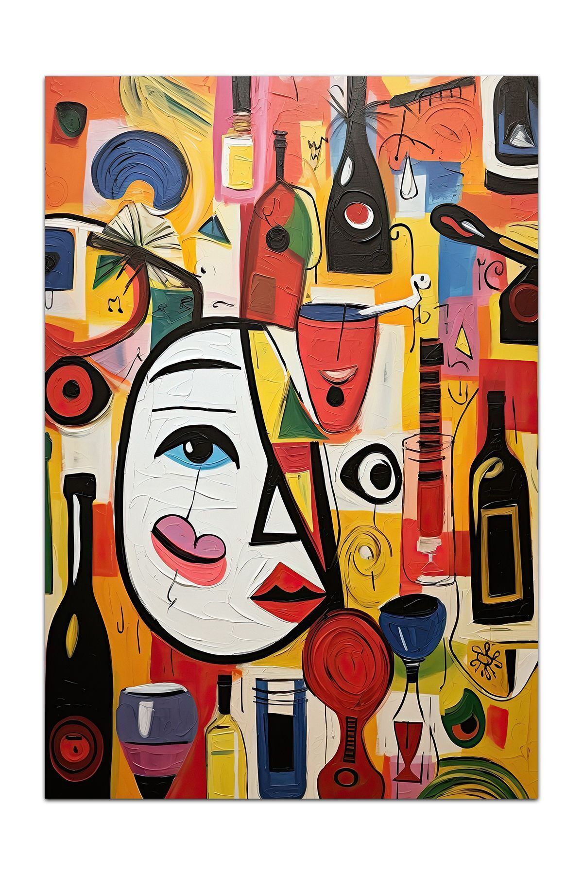 Halı Vagonu 161 Yüz ve Kadeh Temalı Tuval Boya Efektli Dokuma Taban Halı