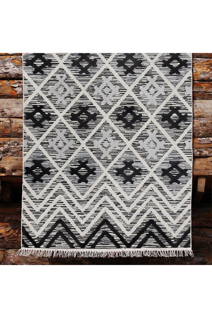 Cotton Kilim 15 Gri Zeminli Çizgili Desenli Dekoratif Yıkanabilen Dokuma Taban Kilim