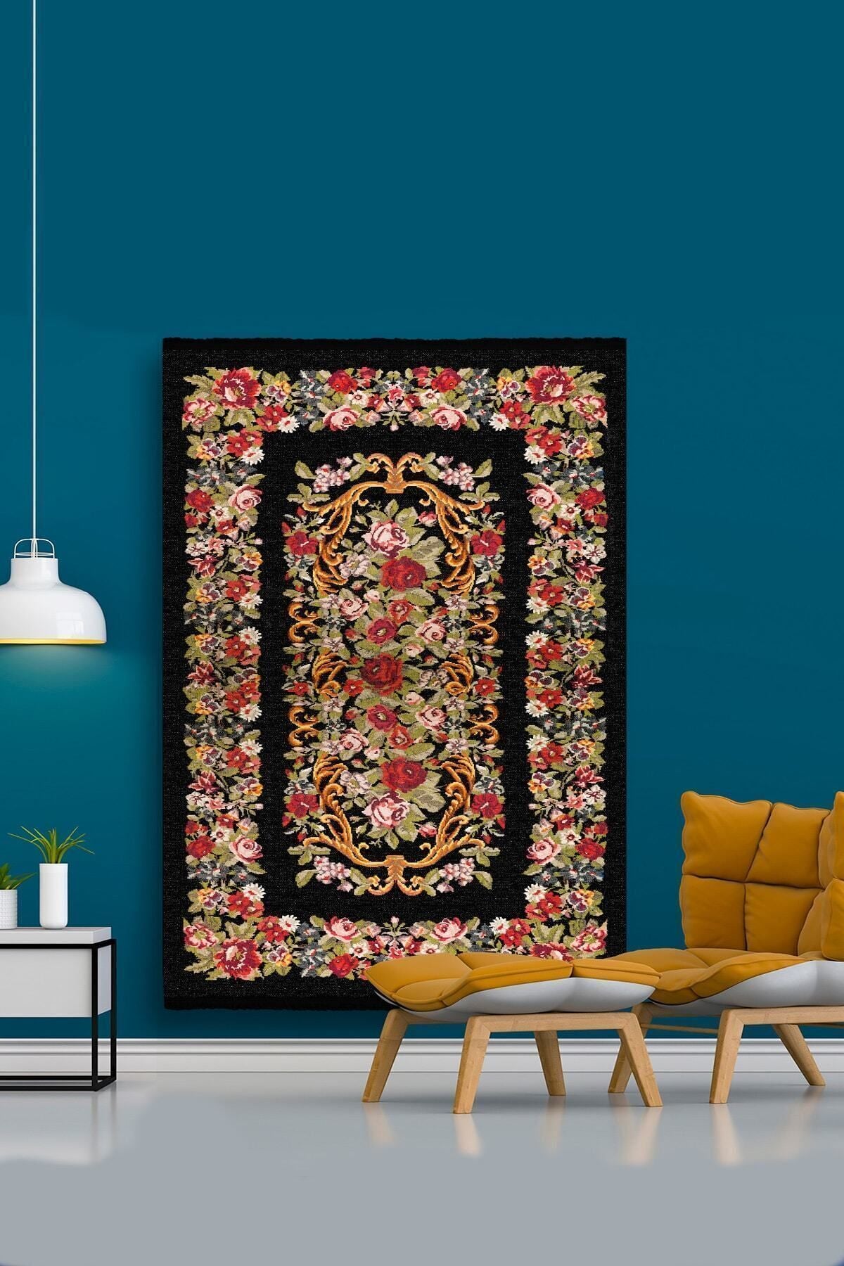 Halı Vagonu 2001 Siyah Tonunda Çiçekli Bordürlü Eskitme Desen Kaymaz Taban Dekoratifl Halı