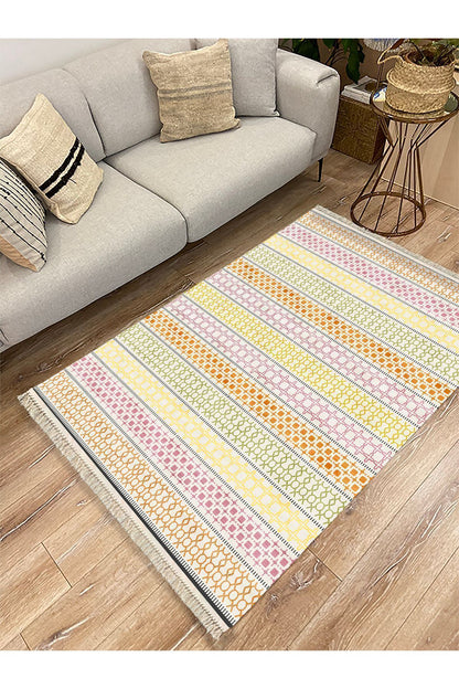 Cotton Kilim35 Renklı Modern Desenli Dekoratif Yıkanabilen Dokuma Taban Kilim