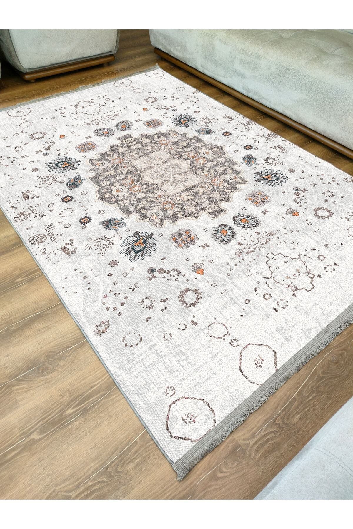 Halı Vagonu Serisi Gri Kahve Etnik Geometrik Desen Kaymaz Taban Şönil Halı