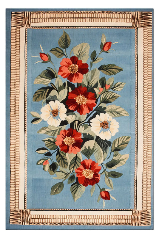 Halı Vagonu 206 Çiçekli Mavi Bordürlü Modern Kaymaz ve Dokuma Taban Dekoratif Halı