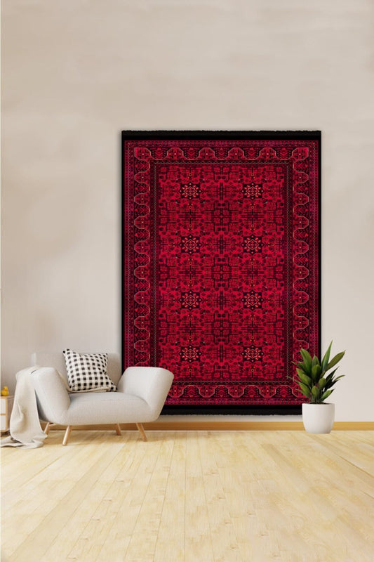 Halı Vagonu 2008 Kırmızı Tonda Bordürlü Geometrik Afgan Desen Kaymaz Taban Dekoratif Halı