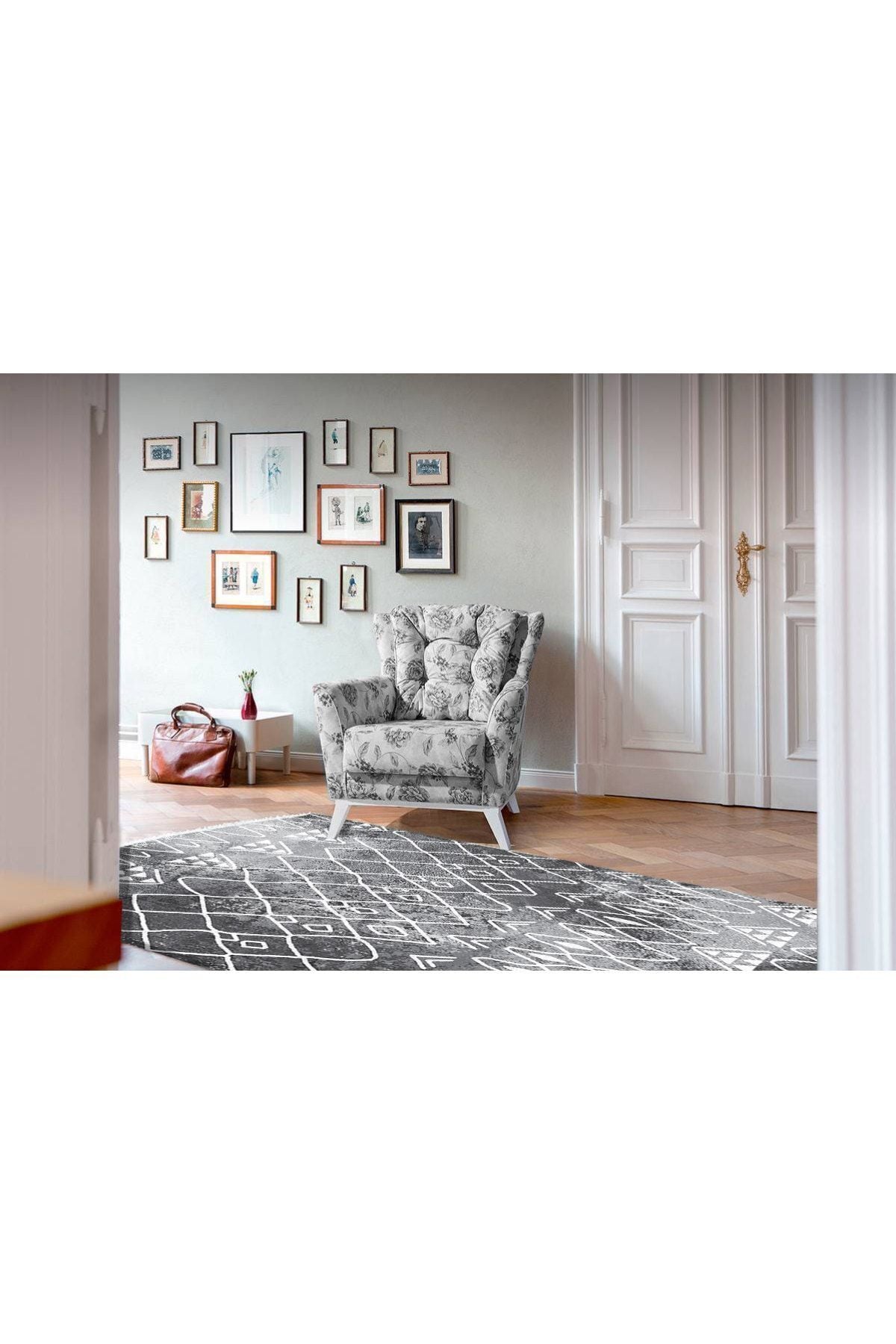 Cotton Serisi Gri Tonlarında Iskandinav Desen Dekoratif Dokuma Taban Kilim