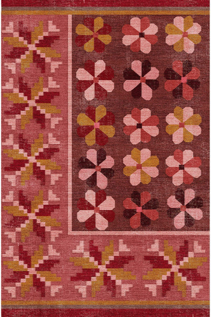 Halı Vagonu 108 Pastel Gül Kurusu Pembe Çiçekli Floral Dokuma Taban Salon Mutfak Halısı