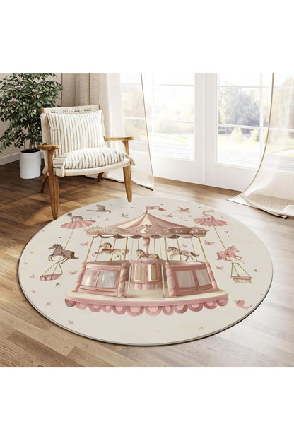 Halı Vagonu 199 Bej Pembe Pastel Atlı Karınca Yuvarlak Dokuma Taban Çocuk Odası Halısı