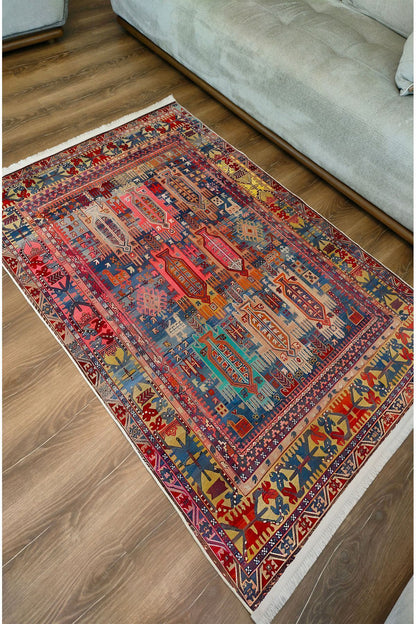 Halı Vagonu73 Fuşya Tonlarında Klasik Salon Halısı Saçaklı Yıkanabilen Dekoratif Halı