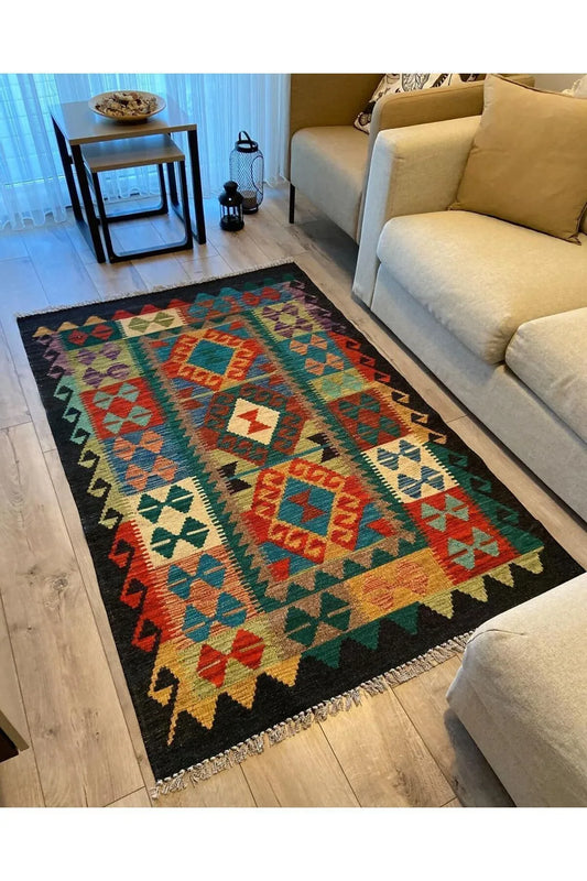 Cotton Kilim 3053 Laciver Geleneksel Motifler Modern Dekoratif Saçaklı Yıkanabilen Dokuma Kilim - HALI VAGONU