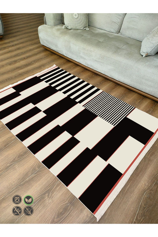 Halı Vagonu 74 Siyah Beyaz Tonlarında Dekoratif Salon Halısı Saçaklı Yıkanabilen Halı