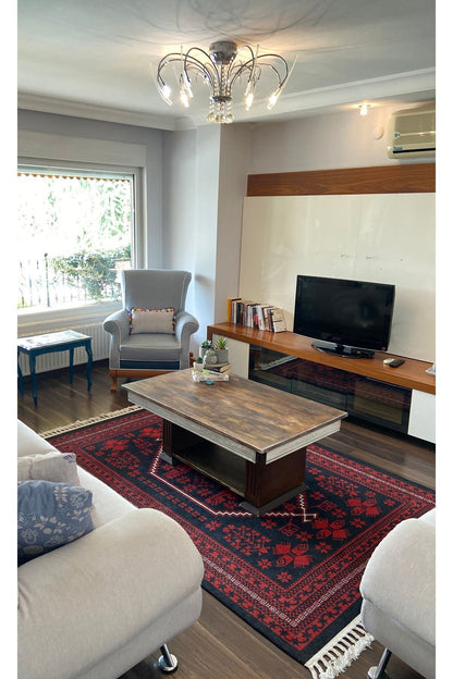 Halı Vagonu 2009 Kırmızı Siyah Bordürlü Etnik Vintage Görünüm Dokuma Taban Halı