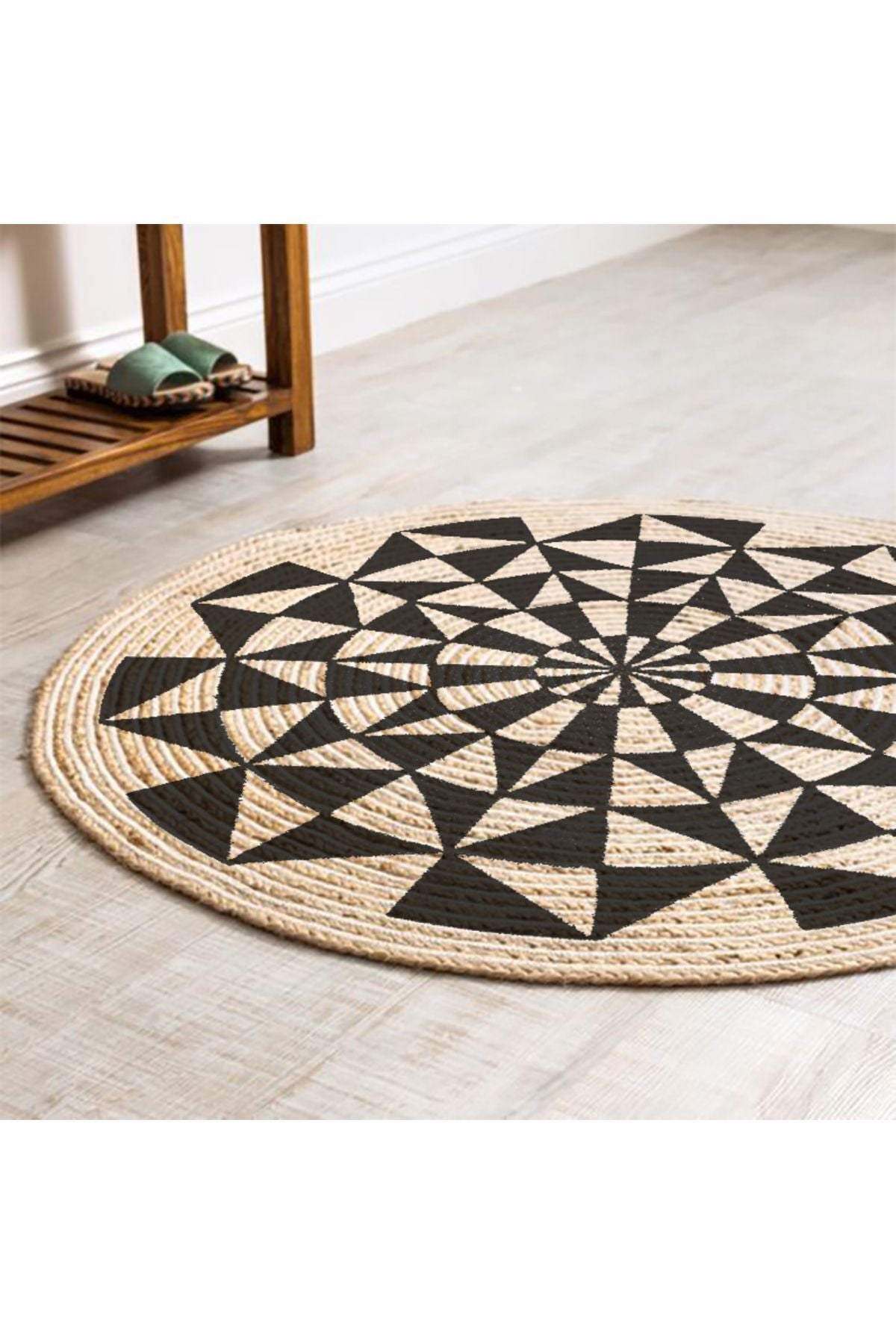 Boho 915 Geometrik Desen Baskılı Örgü Yuvarlak Natural Çift Taraflı Halı