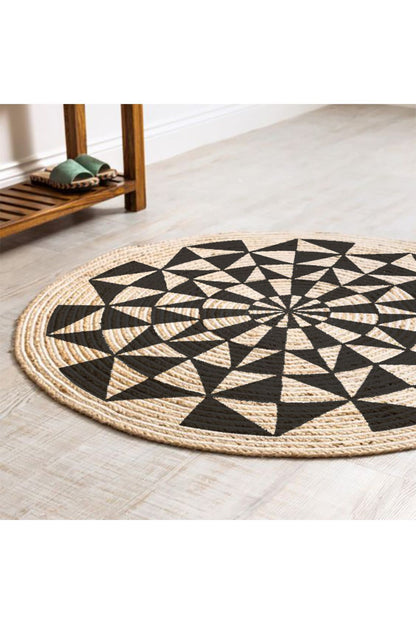 Boho 915 Geometrik Desen Baskılı Örgü Yuvarlak Natural Çift Taraflı Halı