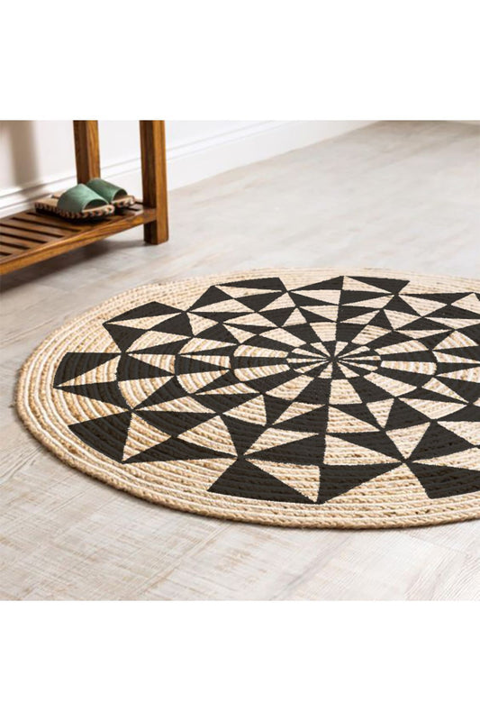 Boho 915 Geometrik Desen Baskılı Örgü Yuvarlak Natural Çift Taraflı Halı