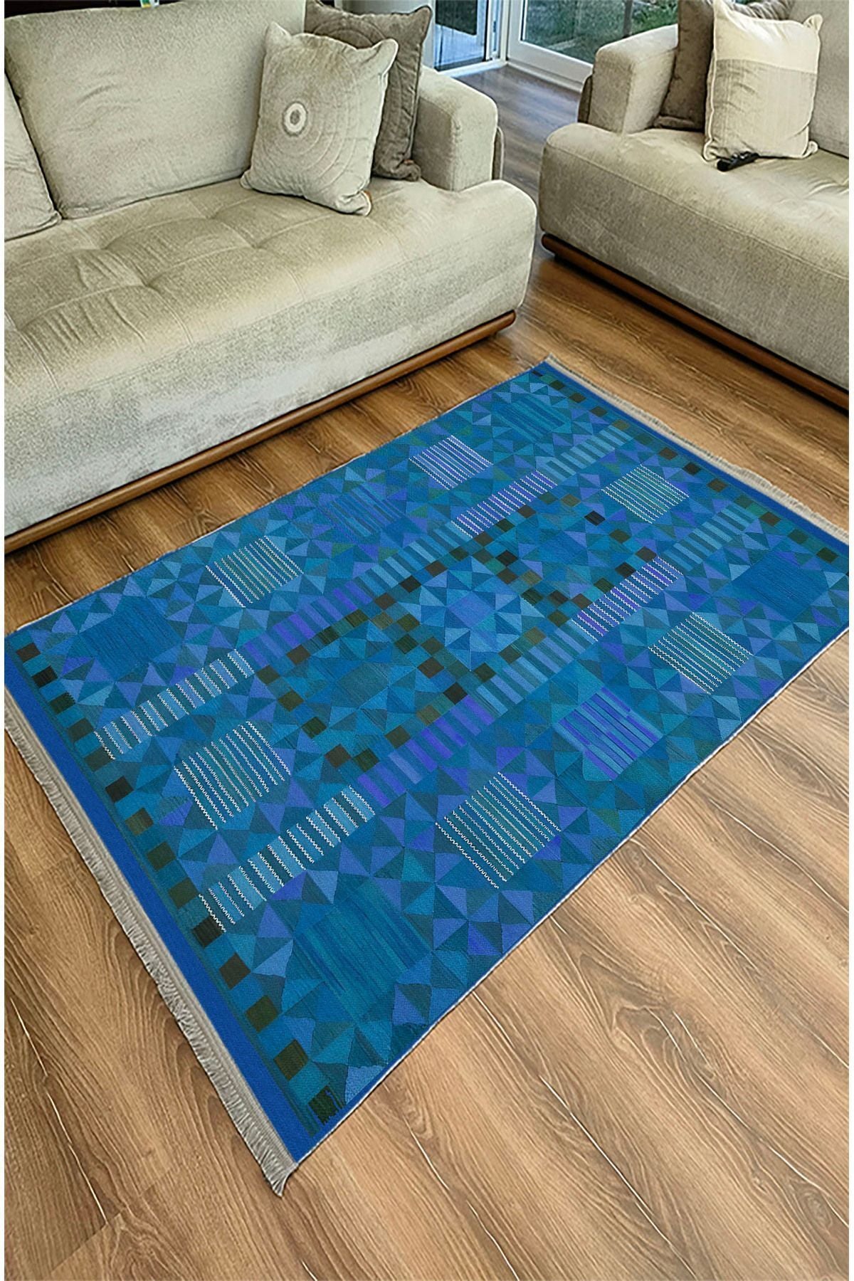 Halı Vagonu121 Etnik Otantik Mavi Tonlartında Dekoratif Salon Halısı Saçaklı Yıkanabilen Halı