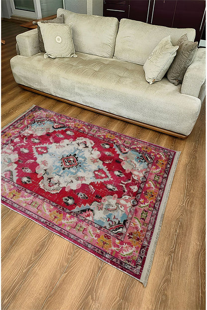 Halı Vagonu Halı98 Fuşya Tonlarında Klasık Dekoratif Halı Salon Halısı Saçaklı Yıkanabilen Halı