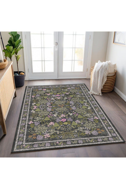 Halı Vagonu 188 Haki Pembe Tonlarda Çiçeksi Pastel Modern Dokuma Taban Halı
