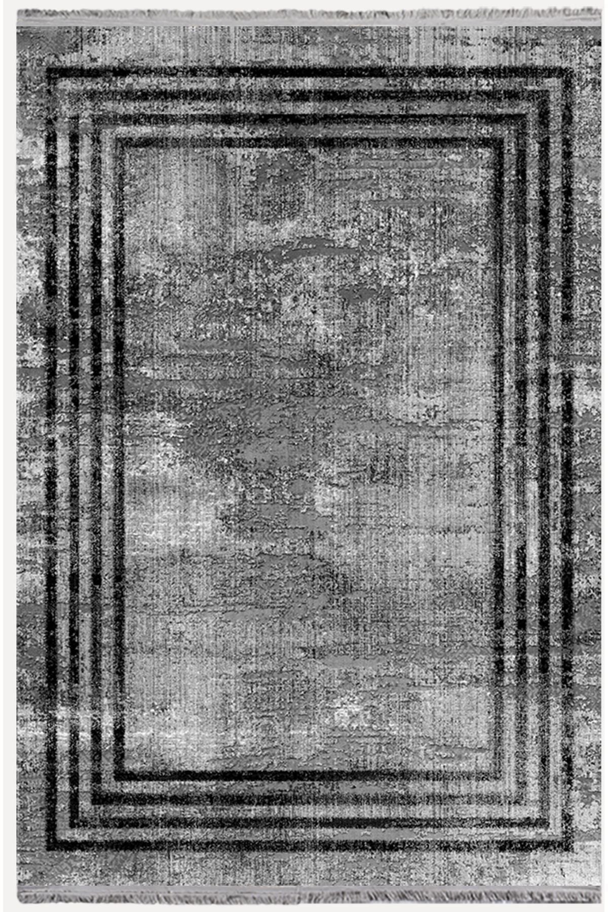 Halı Vagonu 2086 Füme Tonunda Dekoratif Halı Salon Halısı Saçaklı Yıkanabilen Halı