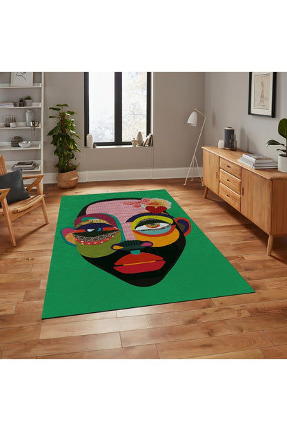 Halı Vagonu 4 Yeşil kadın silüetii  Pamuk  Dokuma Taban Halı